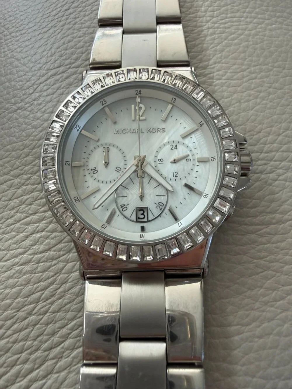 Michael Kors MK5411 Dylan Crystal Bezel Mother of Pearl Silver Chronograph Watch